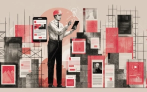Ilustração de um profissional em construção de mídia proprietária, utilizando tablet e smartphone, com elementos gráficos de documentos e vídeos.