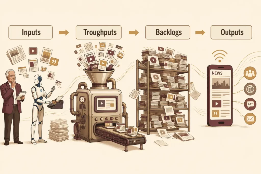 Um humano e um robô alimentam documentos em uma máquina denominada Inputs, que os processa em Troughputs, empilha-os como Backlogs e fornece conteúdo digital a um smartphone como Outputs.