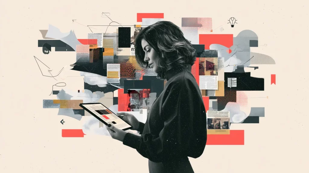 Uma mulher segurando um tablet está em frente a imagens digitais abstratas, papéis e formas geométricas coloridas, sugerindo tecnologia, criatividade e processamento de informações.