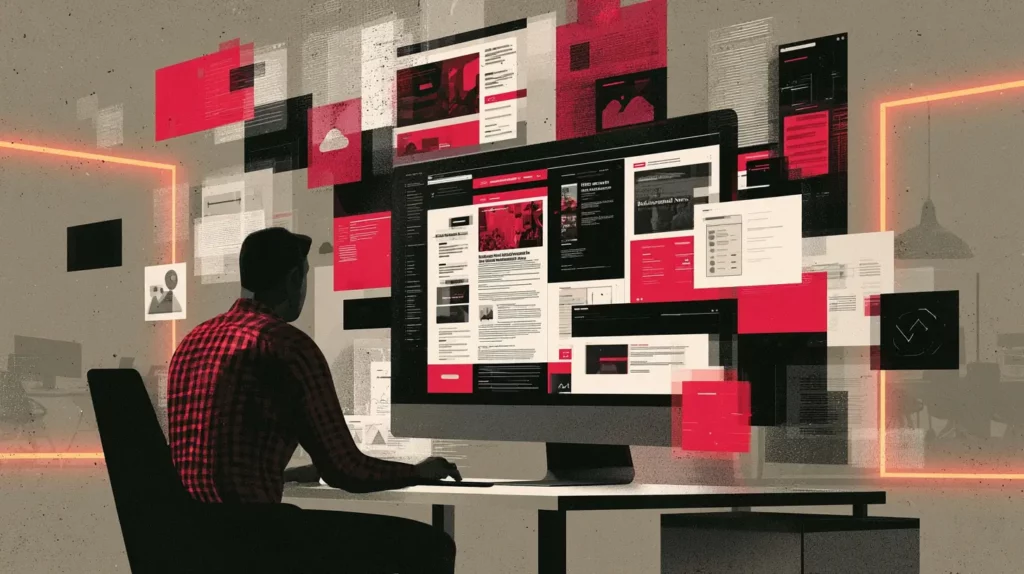 Uma pessoa está sentada em uma mesa, diante de um grande monitor de computador que exibe várias páginas da internet sobrepostas, relatórios e elementos gráficos em vermelho e cinza, em um ambiente de escritório moderno.