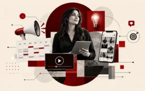 Uma mulher segura um tablet, cercada por ícones de calendário, megafone, reprodutor de vídeo, smartphone com redes sociais, lâmpada e alvo — ilustrando conceitos de marketing digital, criação de conteúdo e o mundo dinâmico da publicação de marcas.